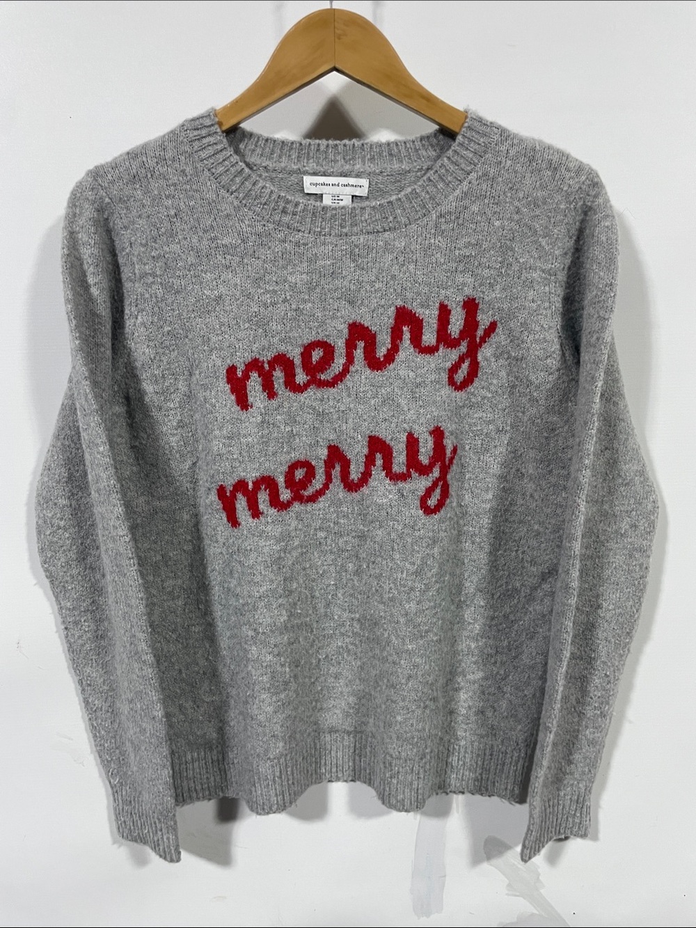 cupcakes & cashmere Gray Crewneck Sweater with Red 'merry merry' Script